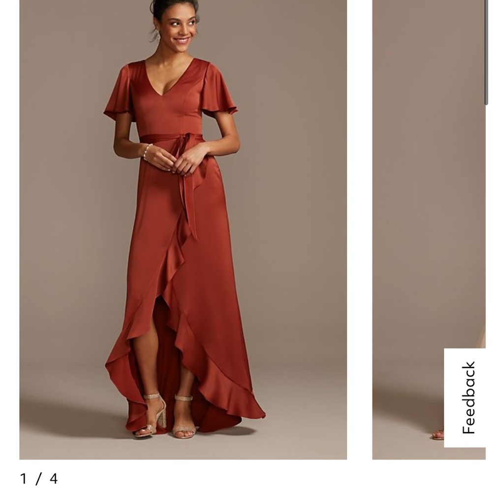 David’s bridal cinnamon flutter sleeve crepe satin ruffle bridesmaid dress